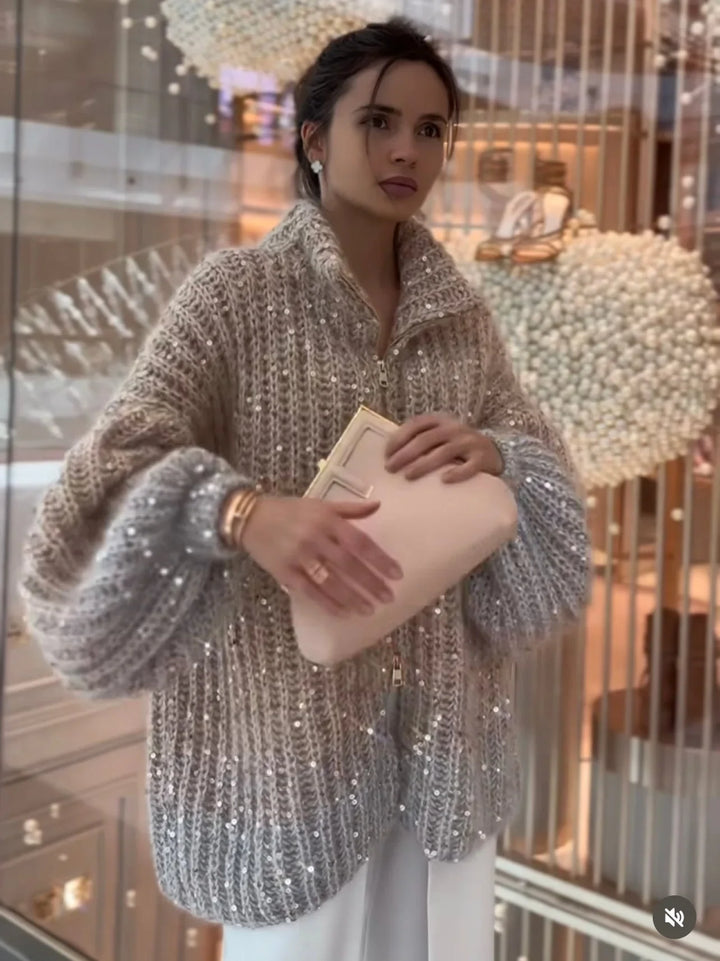 Women's Sweater with stand-up collar and shiny sequins