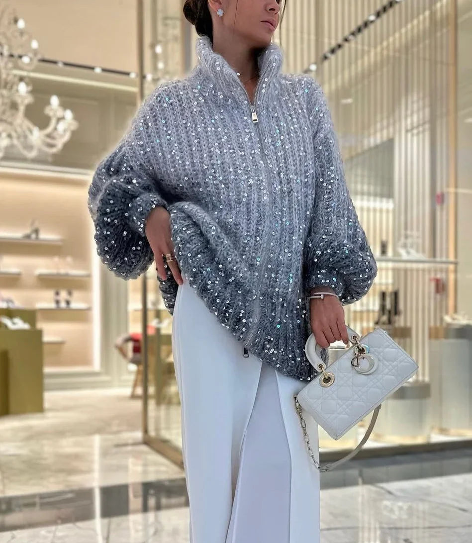 Women's Sweater with stand-up collar and shiny sequins