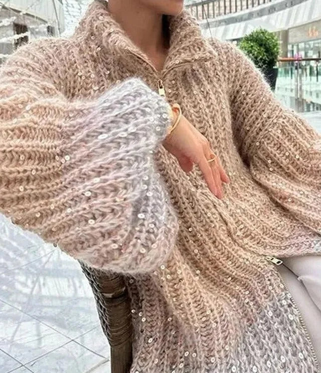 Women's Sweater with stand-up collar and shiny sequins
