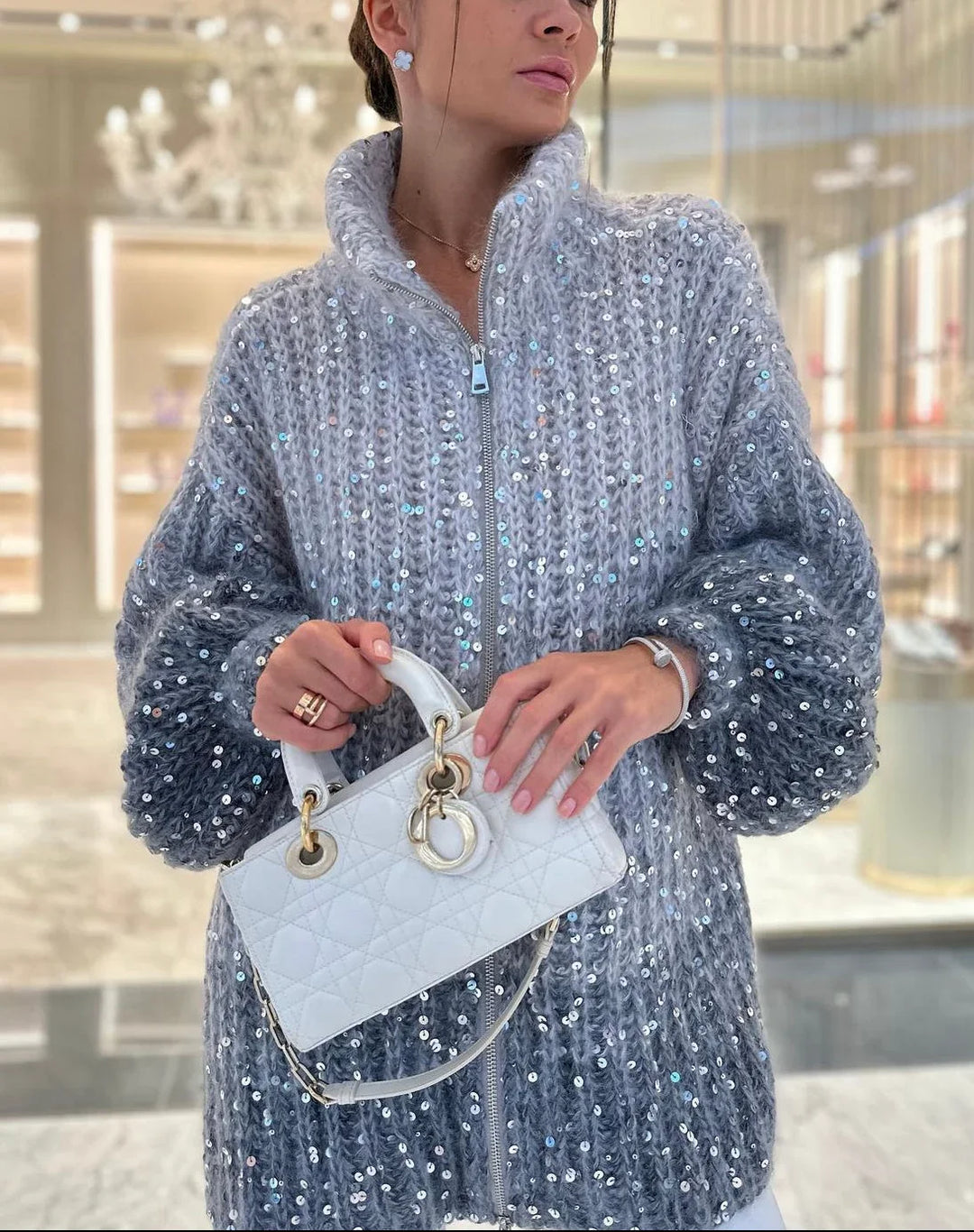 Women's Sweater with stand-up collar and shiny sequins