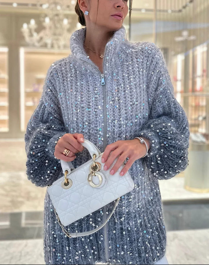 Women's Sweater with stand-up collar and shiny sequins