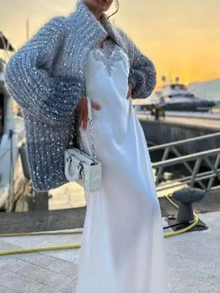 Women's Sweater with stand-up collar and shiny sequins