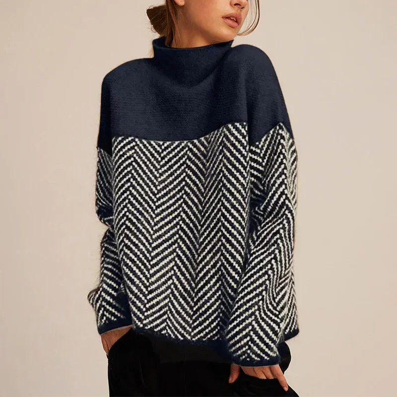 Women's Sweater with Mock Neck and Comfortable Geometric Design