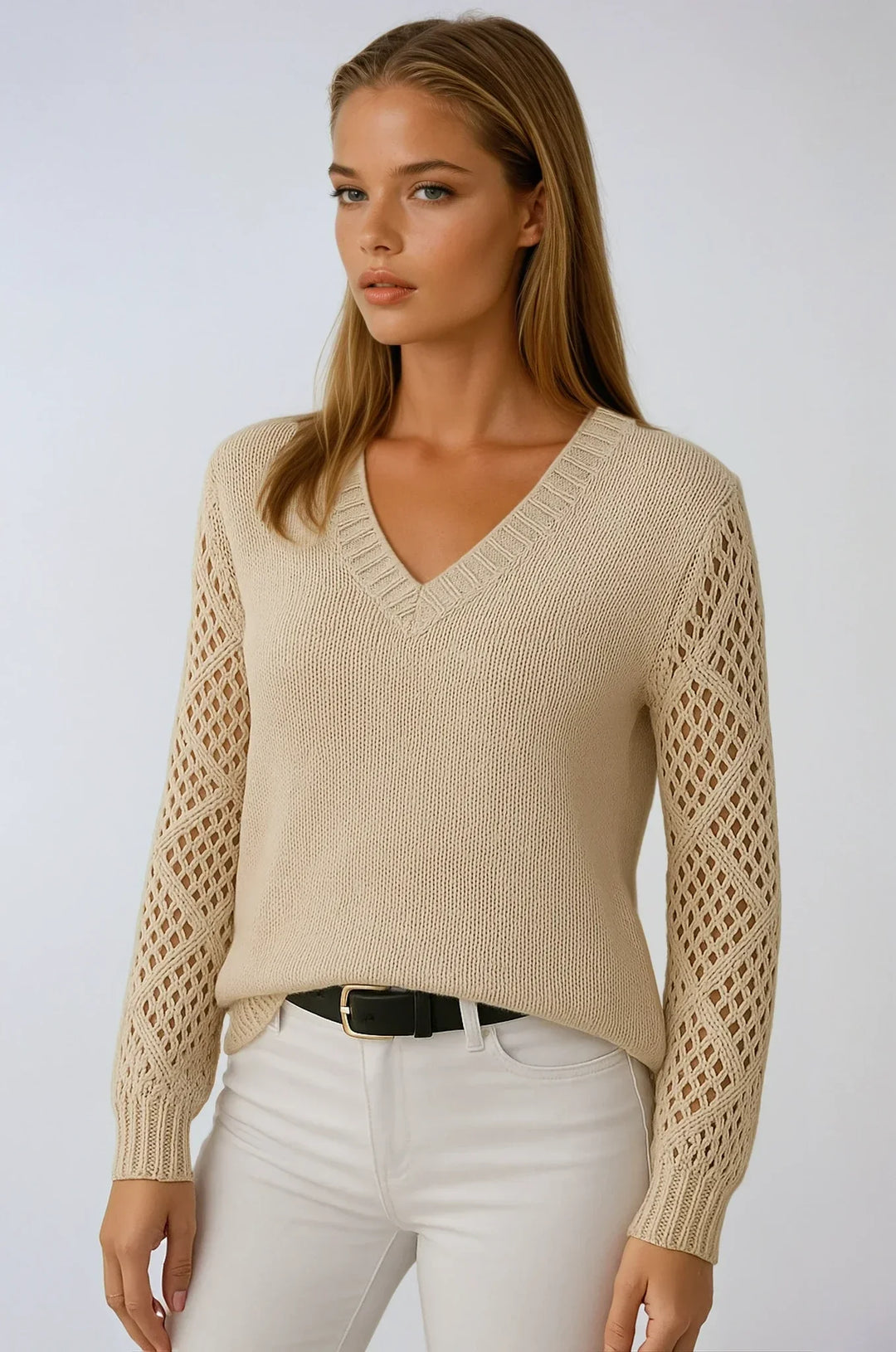 Women's Openwork Knit Sweater with Crochet Sleeves
