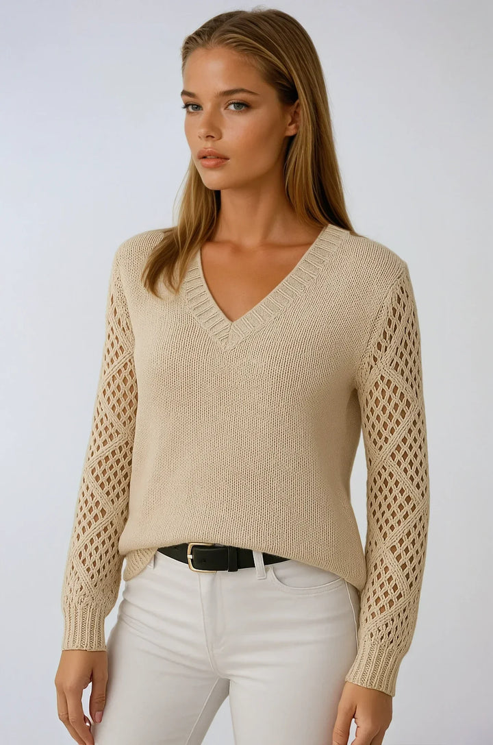 Women's Openwork Knit Sweater with Crochet Sleeves