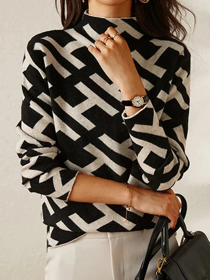 Casual black and white geometric-pattern women's sweater
