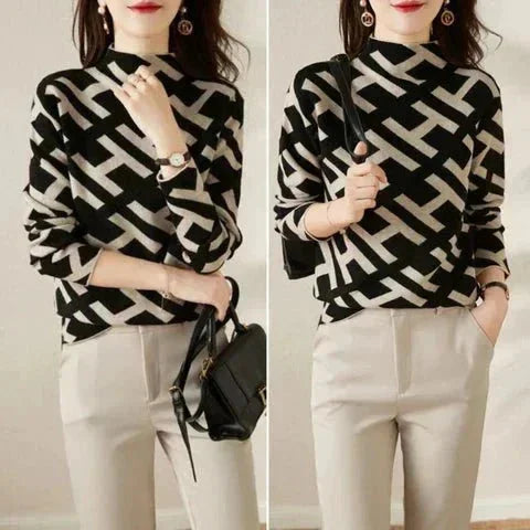 Casual black and white geometric-pattern women's sweater