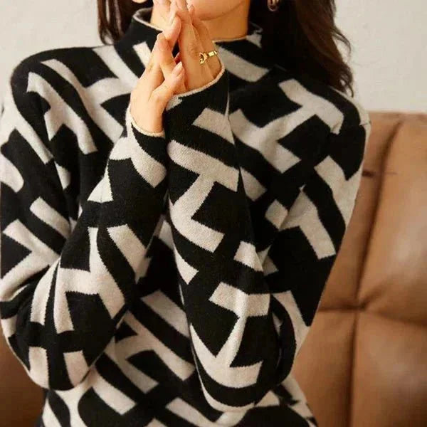 Casual black and white geometric-pattern women's sweater