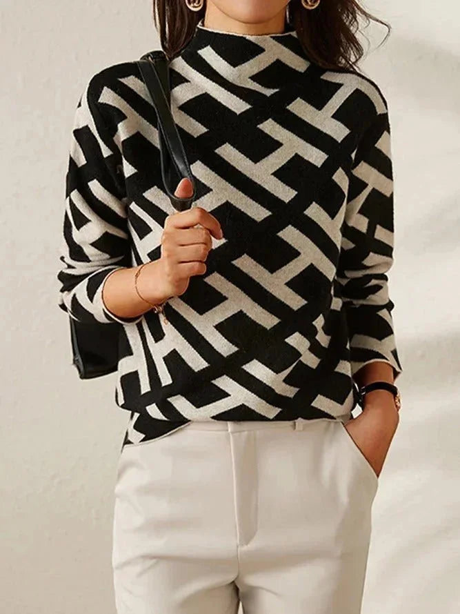 Casual black and white geometric-pattern women's sweater