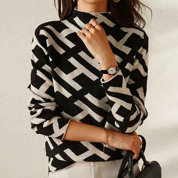Casual black and white geometric-pattern women's sweater