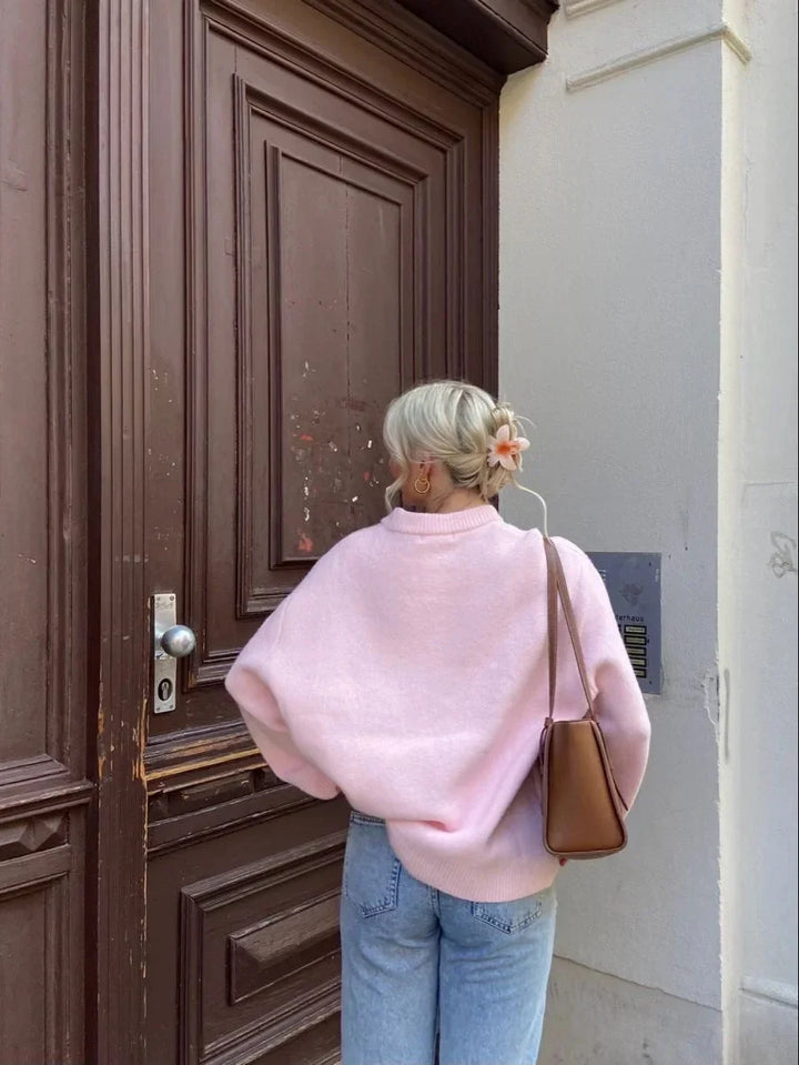 Oversized Soft Pink Women's Sweater with Long Sleeves