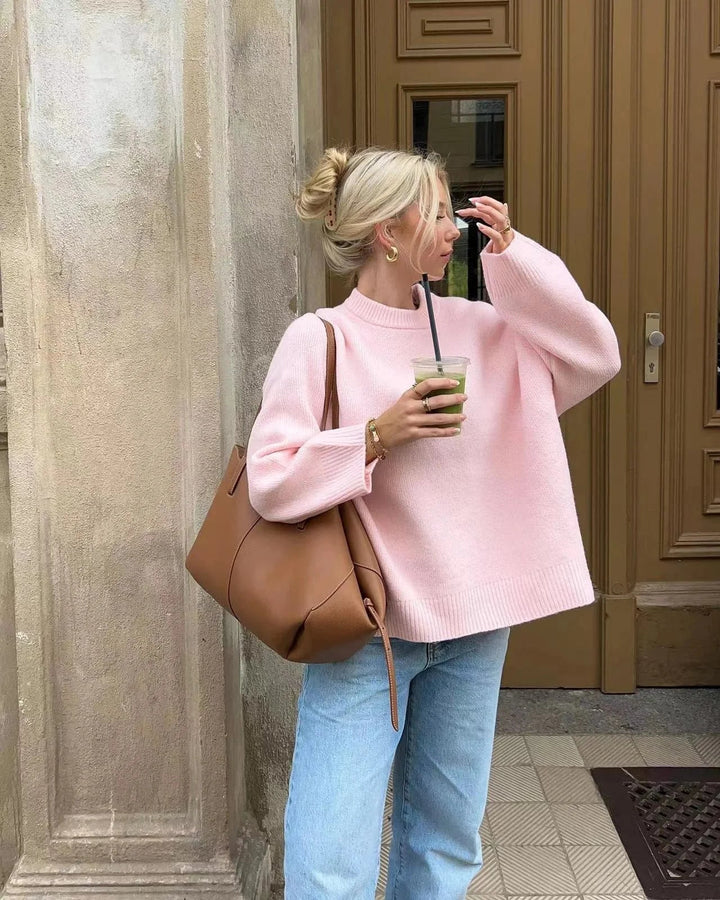 Oversized Soft Pink Women's Sweater with Long Sleeves