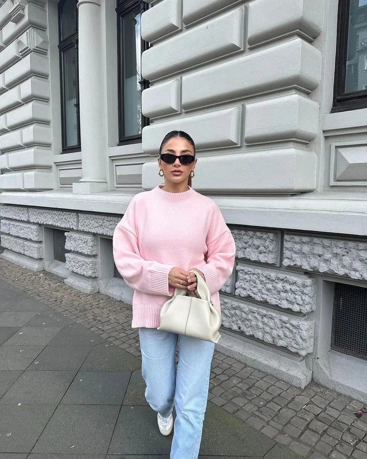 Oversized Soft Pink Women's Sweater with Long Sleeves