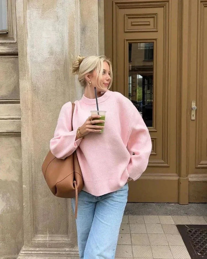Oversized Soft Pink Women's Sweater with Long Sleeves