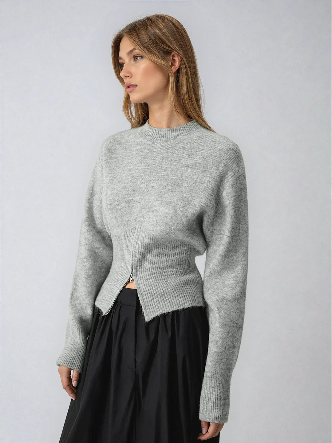 Grey women's sweater with half-zip and long sleeves