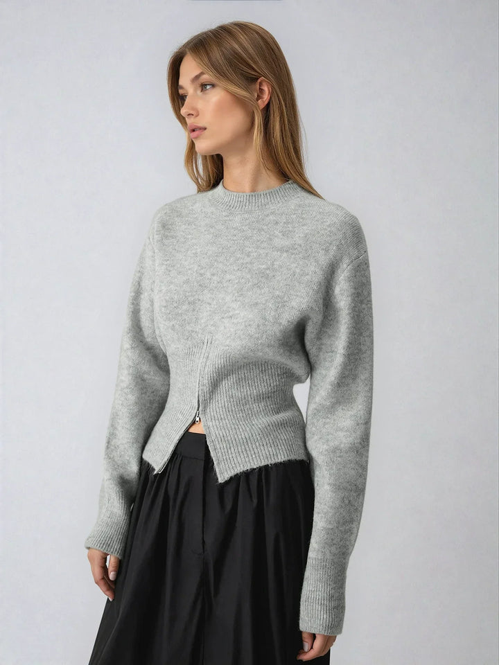 Grey women's sweater with half-zip and long sleeves