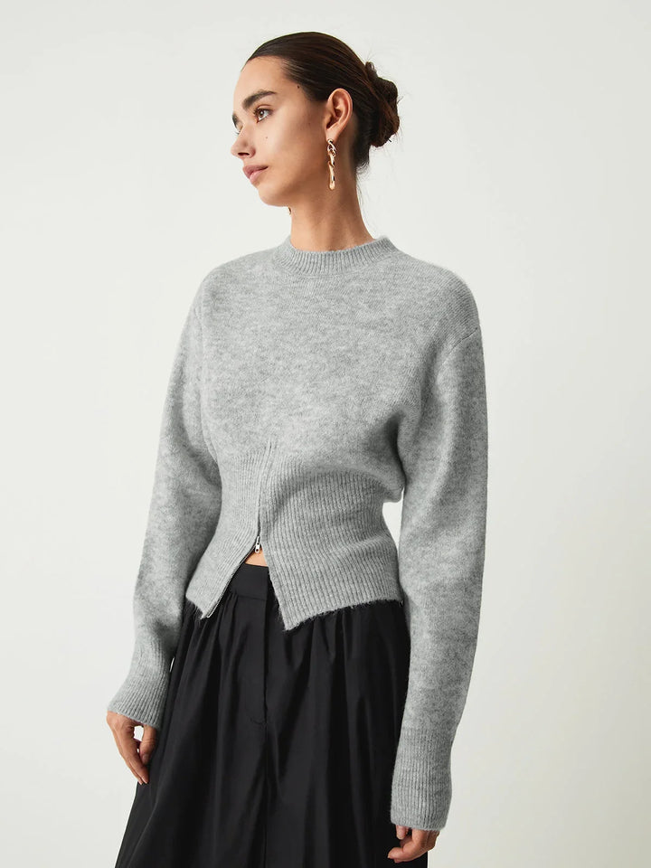 Grey women's sweater with half-zip and long sleeves