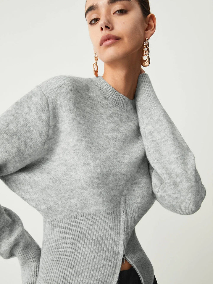 Grey women's sweater with half-zip and long sleeves