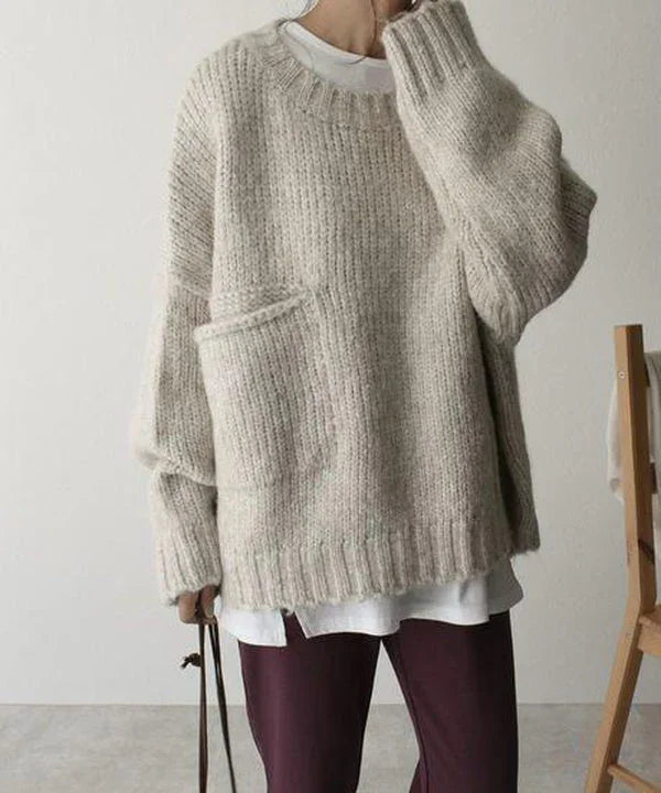 Oversized Beige Sweater for Women with a Cozy Pocket