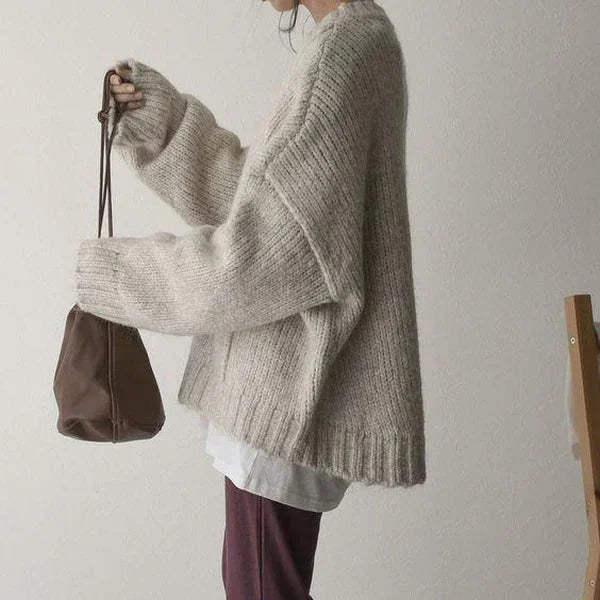 Oversized Beige Sweater for Women with a Cozy Pocket