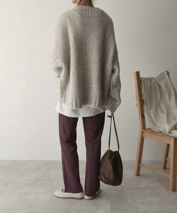 Oversized Beige Sweater for Women with a Cozy Pocket