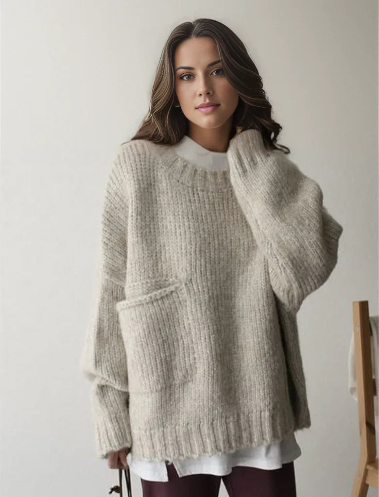 Oversized Beige Sweater for Women with a Cozy Pocket