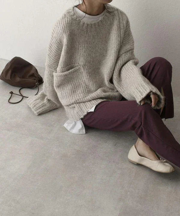 Oversized Beige Sweater for Women with a Cozy Pocket