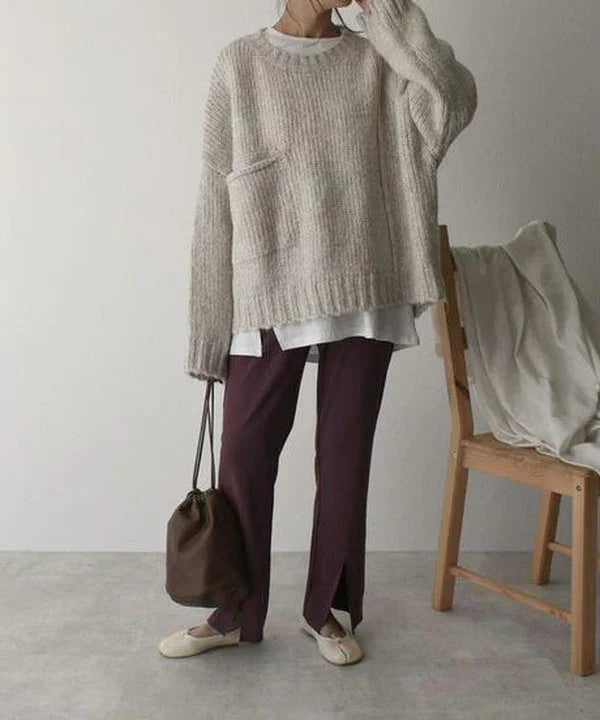 Oversized Beige Sweater for Women with a Cozy Pocket