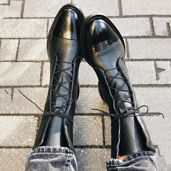 Rebeca | Women's Flat Lace-Up Leather Ankle Boots with Mid-Calf Shaft