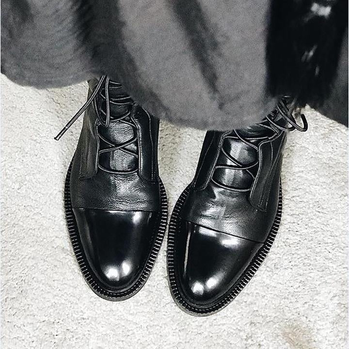 Rebeca | Women's Flat Lace-Up Leather Ankle Boots with Mid-Calf Shaft