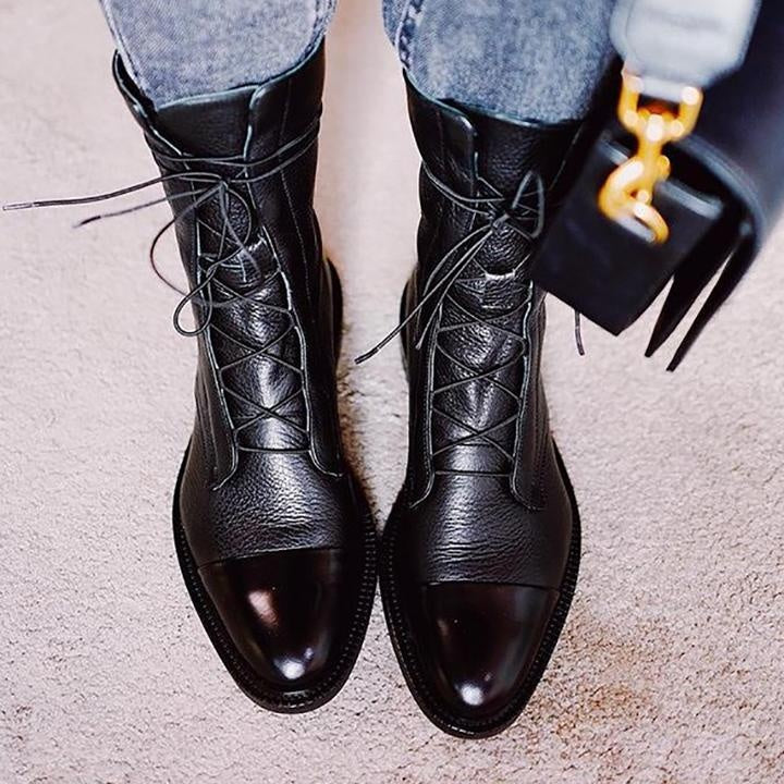 Rebeca | Women's Flat Lace-Up Leather Ankle Boots with Mid-Calf Shaft