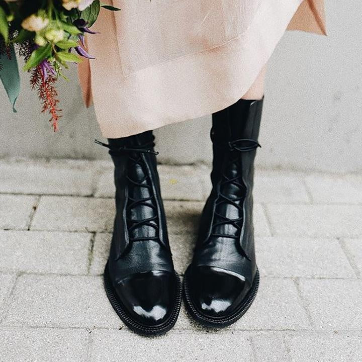 Rebeca | Women's Flat Lace-Up Leather Ankle Boots with Mid-Calf Shaft