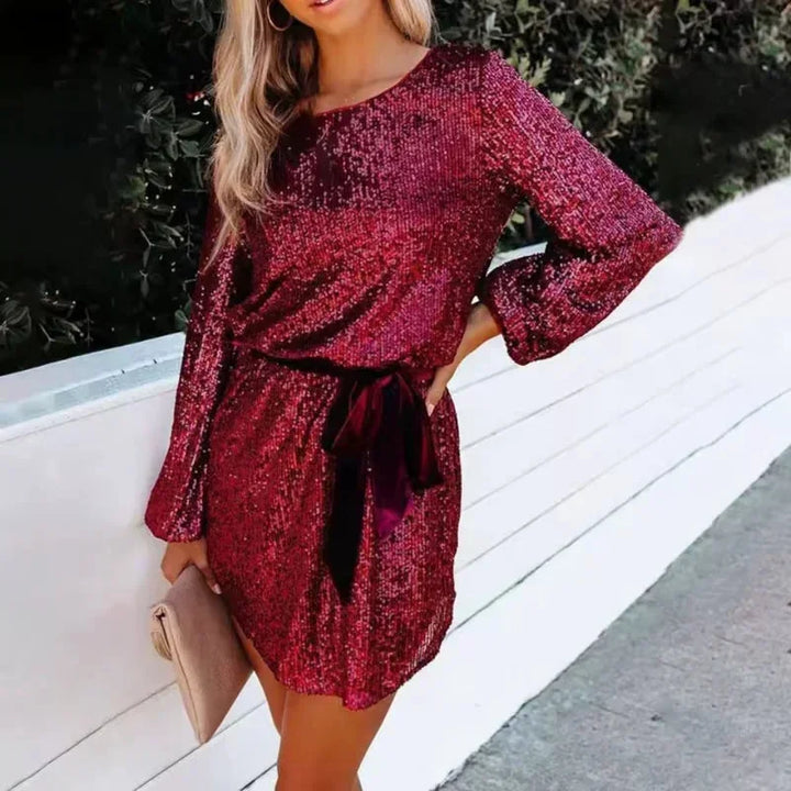 Women's sparkly mini dress with balloon sleeves and belt
