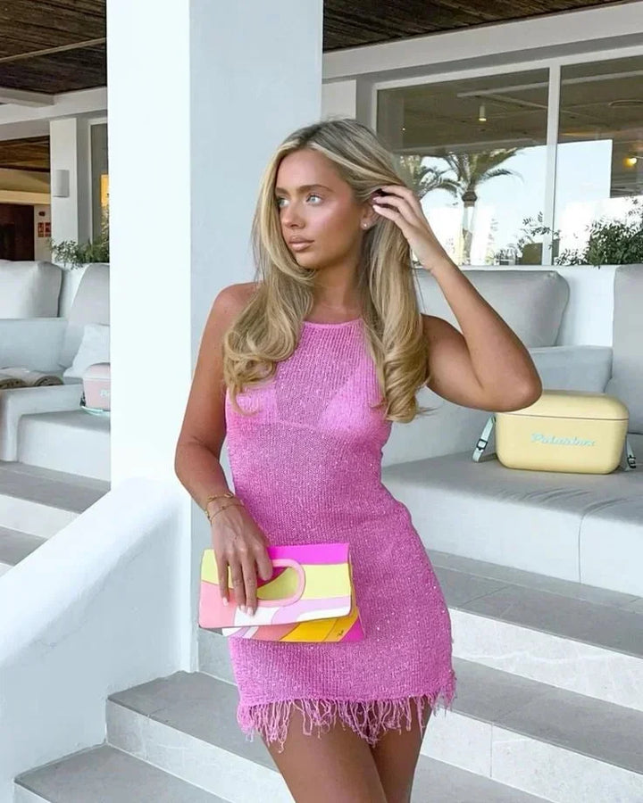 Women's Sleeveless Party Mini Dress with Shiny Fringes