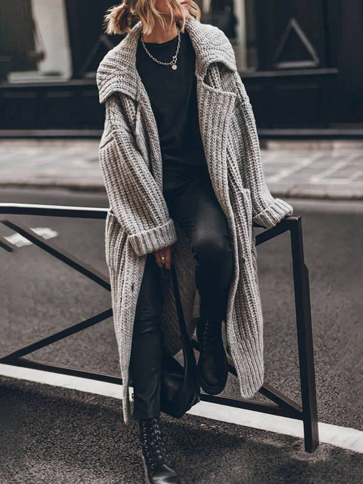 Women's Oversized Long Chunky-Knit Cardigan with Lapels
