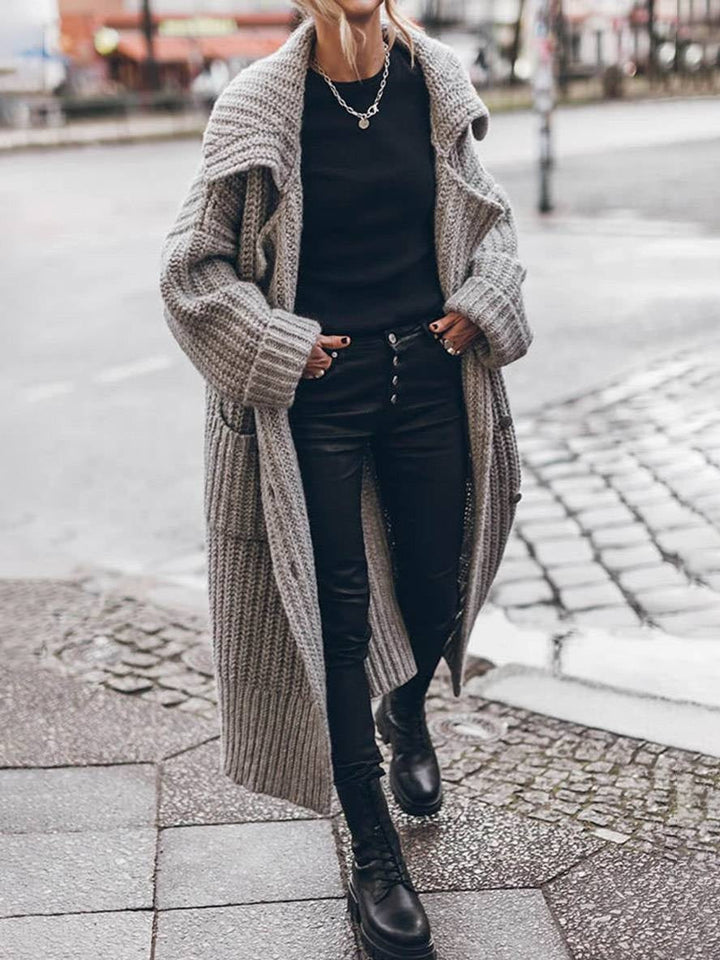 Women's Oversized Long Chunky-Knit Cardigan with Lapels