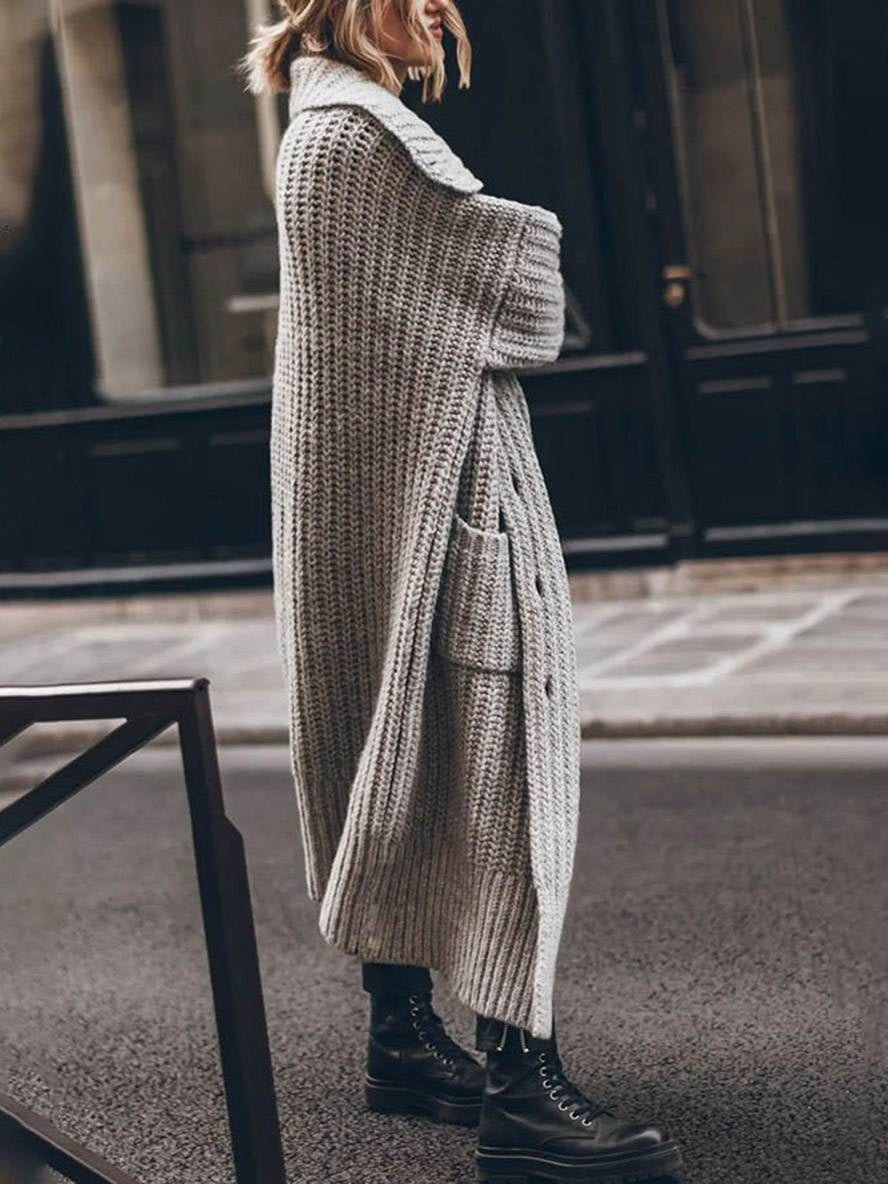 Women's Oversized Long Chunky-Knit Cardigan with Lapels