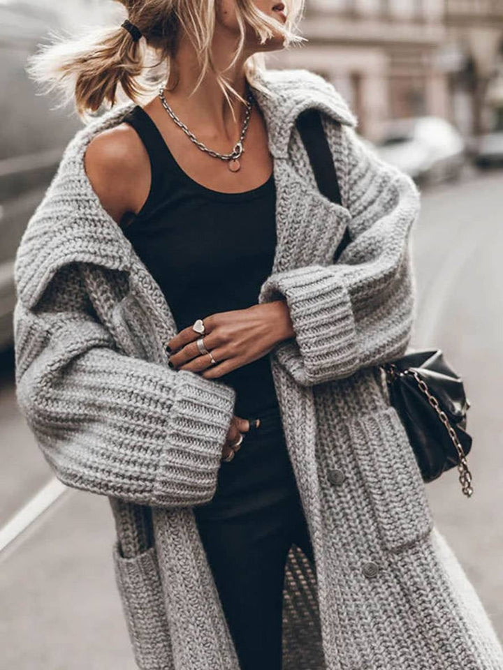 Women's Oversized Long Chunky-Knit Cardigan with Lapels