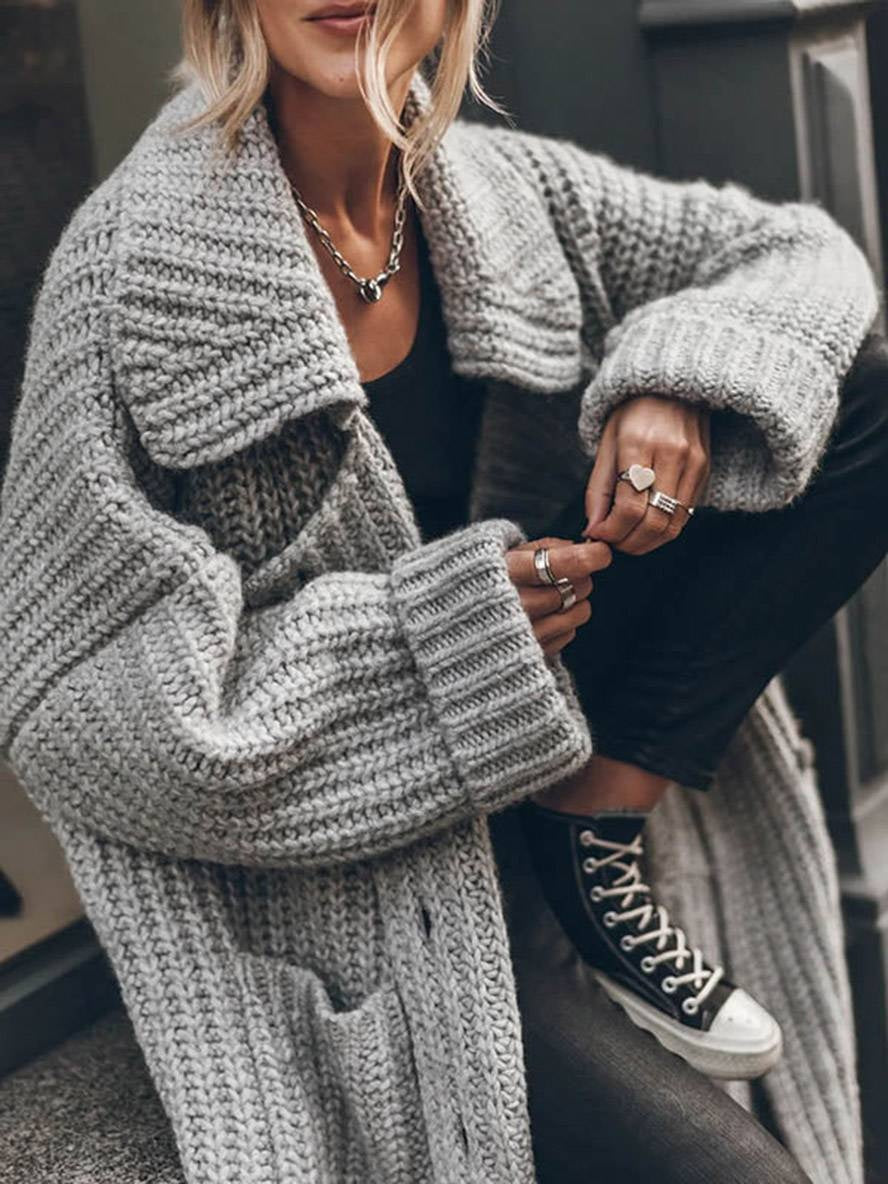 Women's Oversized Long Chunky-Knit Cardigan with Lapels