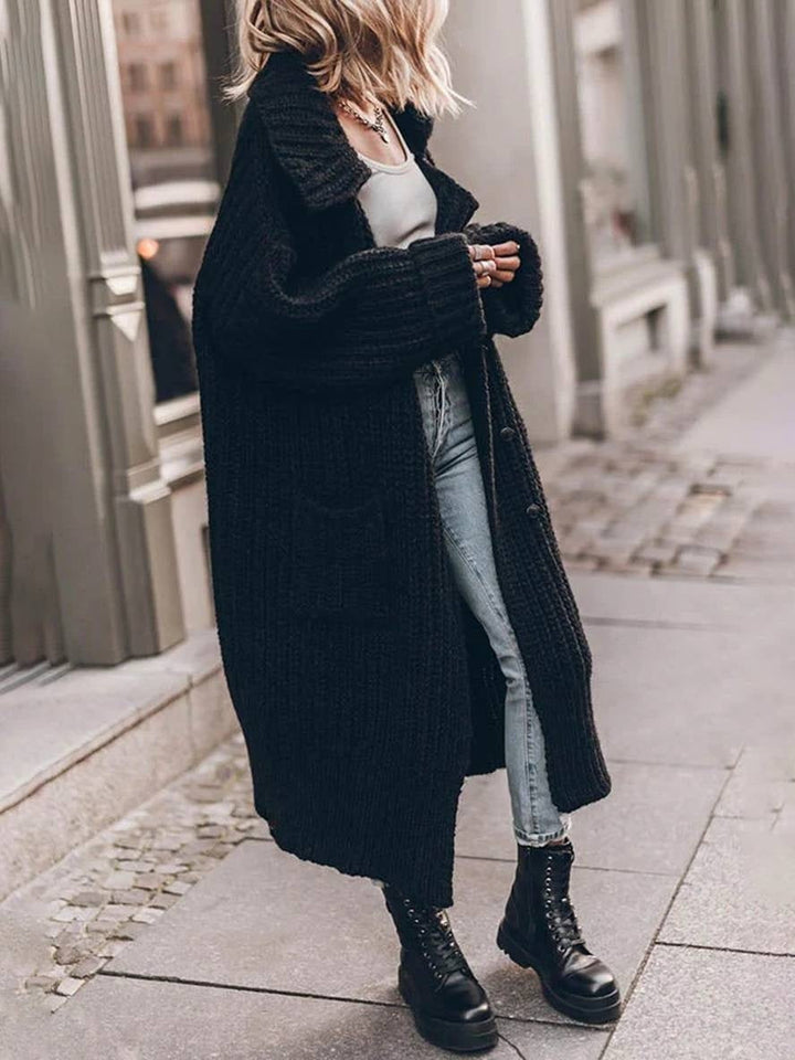 Women's Oversized Long Chunky-Knit Cardigan with Lapels