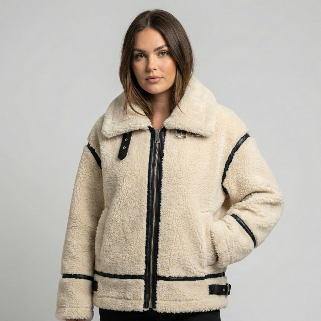 Oversized beige teddy blazer for women with black accents