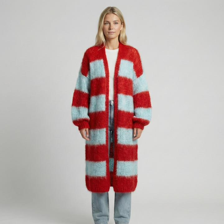Long striped women's cardigan with contemporary design.