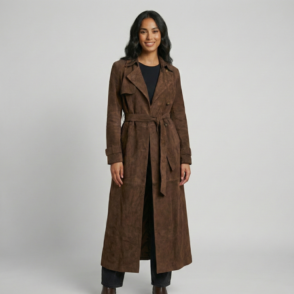 Brown trench coat for women with belt and lapels