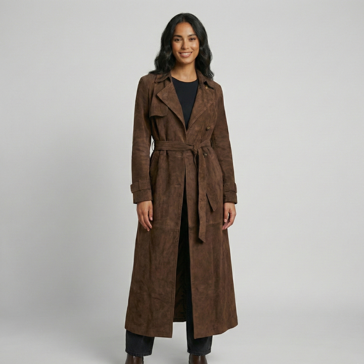 Brown trench coat for women with belt and lapels