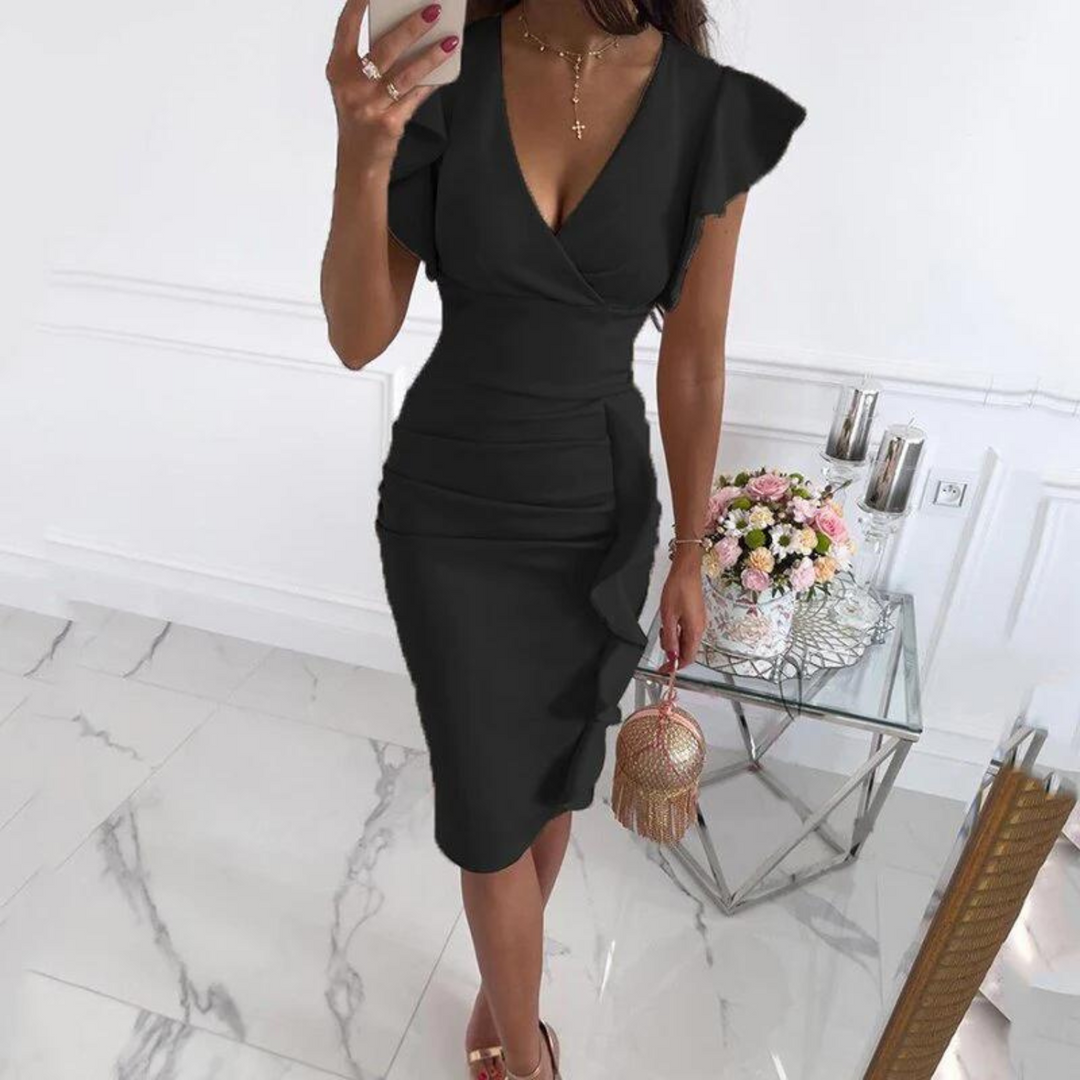 Chic V-Neck Dress with Gathered Sleeves - Ava