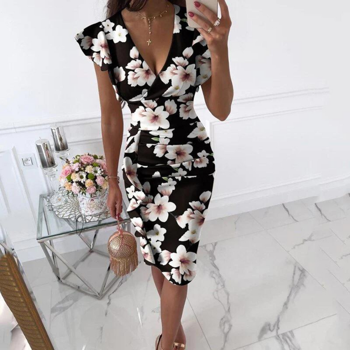 Chic V-Neck Dress with Gathered Sleeves - Ava