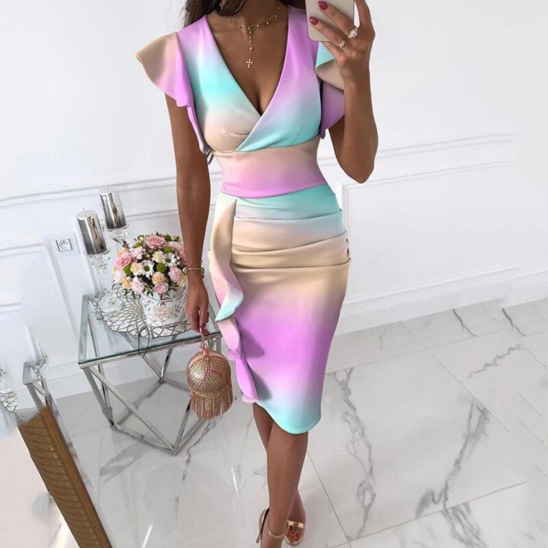 Chic V-Neck Dress with Gathered Sleeves - Ava