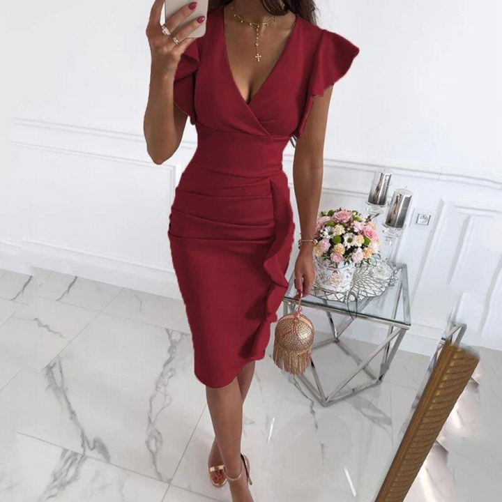 Chic V-Neck Dress with Gathered Sleeves - Ava