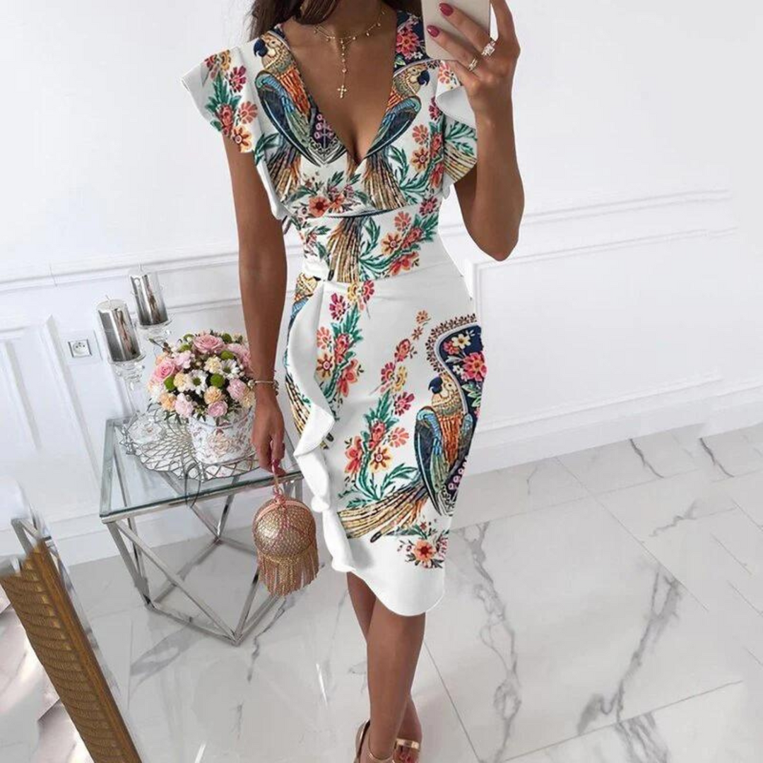 Chic V-Neck Dress with Gathered Sleeves - Ava