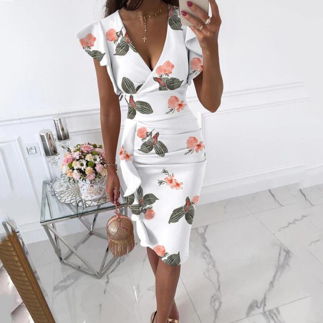 Chic V-Neck Dress with Gathered Sleeves - Ava